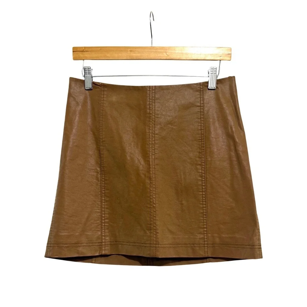 Free People Modern Femme Vegan Leather Mini Skirt Tan Brown Size 6 Seam Detail